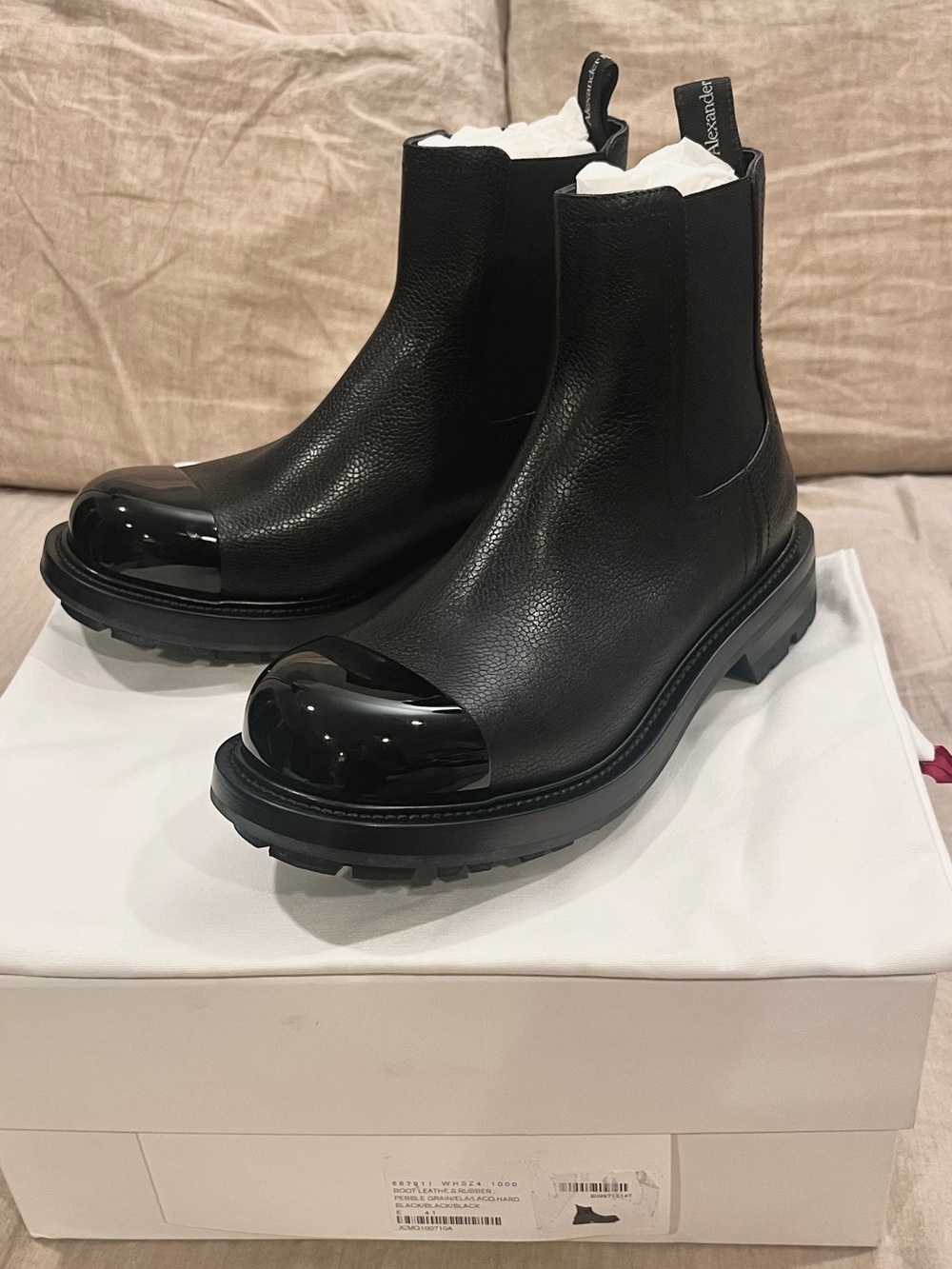 $1390 Alexander McQueen Chelsea Boot with Lacquered Enamel Toe Cap
